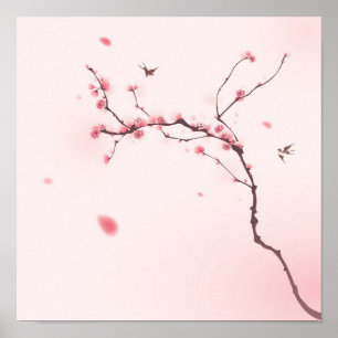 Pôster Pintura oriental do estilo, flor de cerejeira
