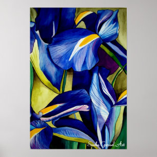 Pôster Pintura original da arte da aguarela da flor azul