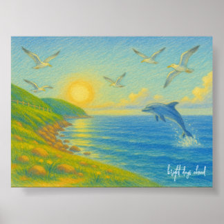 Poster Pintura paisagem pôr-do-sol oceano pastel golfinho