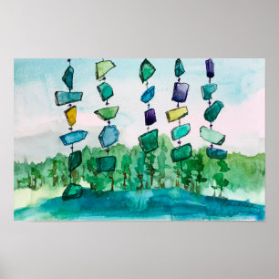 Poster Pintura paisagística em vidro azul de Lago Chimes