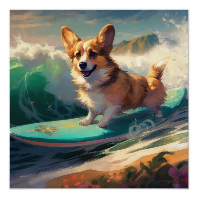 Pôster Pintura para surfar na praia de Corgi (Frente)