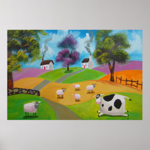 Poster Pintura popular bonito dos carneiros e da vaca por