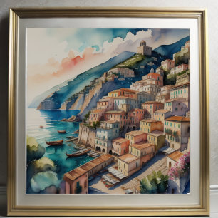 Poster Pintura por Aquarela da Cidade Mediterrânica Europ
