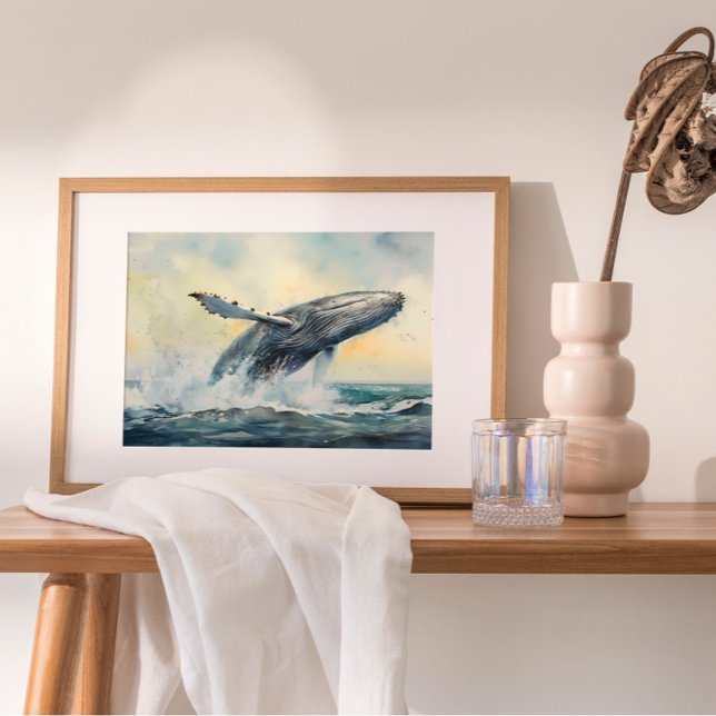 Poster Pintura por Aquarela de Baleia-jubarte (Captures the moment when a magnificent humpback whale breaches the ocean's surface.)