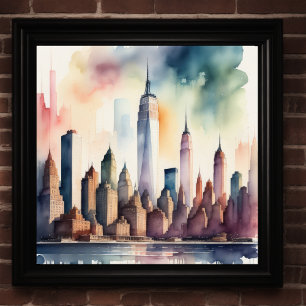 Poster Pintura por Aquarela de Cidade com Água