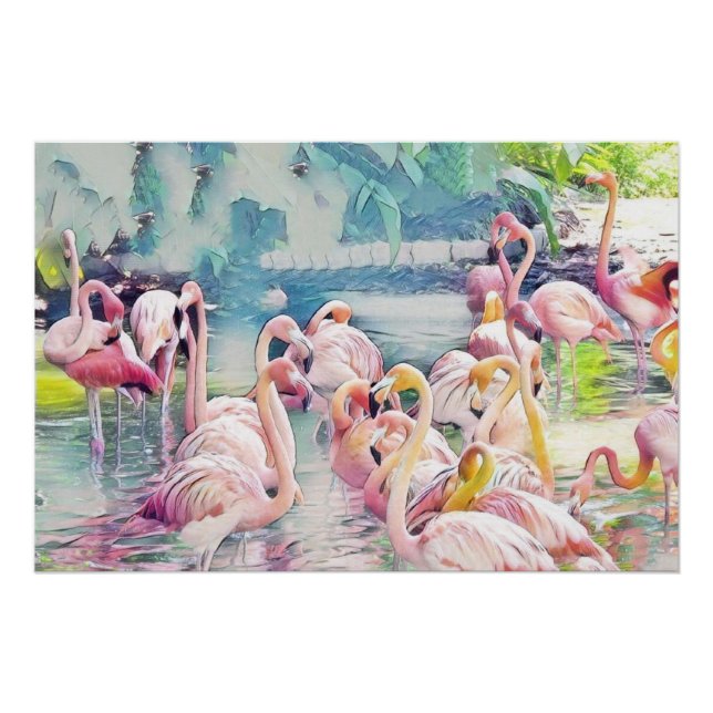 Pôster Pintura por Aquarela de Flamingos Rosa na Água (Frente)