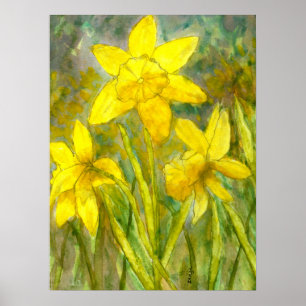 Pôster Pintura Por Aquarela, Flores Amarelas, Daffodils