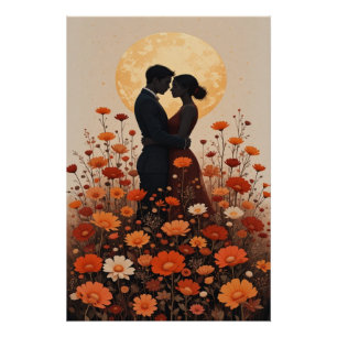Pôster Pintura Romântica do Pôr do Sol - Arte Floral de C