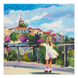 Pôster pintura, siltrite feminino na cidade medieval euro