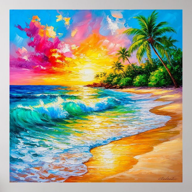 Poster Pintura tropical solar vibrante com ondas (Frente)
