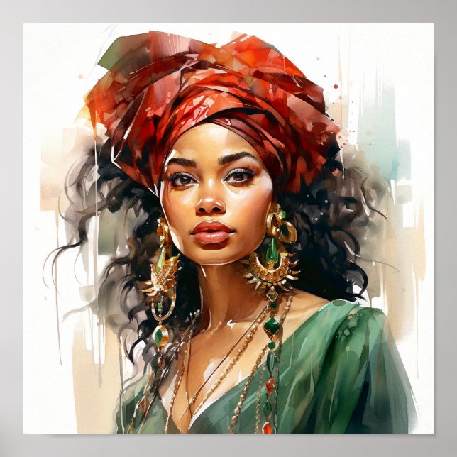 Poster Pintura verde e vermelha de mulher africana-americ (Frente)