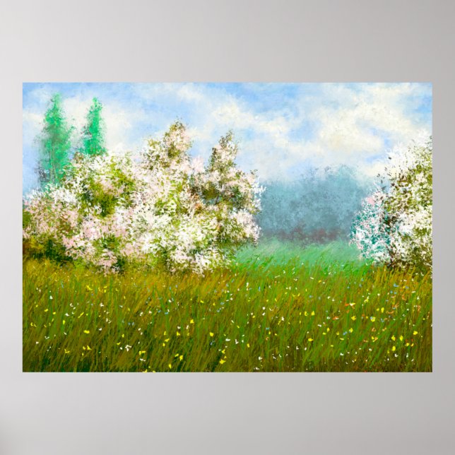 Poster Pinturas de petróleo paisagem rural, flores no cam (Frente)