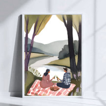 Piquenique à Beira do Lago | Pintura em Aquarela d