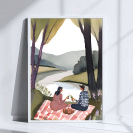 Poster Piquenique à Beira do Lago | Pintura em Aquarela d