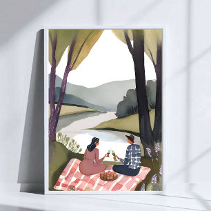 Poster Piquenique à Beira do Lago Pintura em Aquarela d