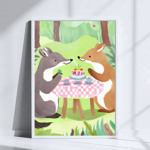 Poster Piquenique de Animais da Floresta   Aquarela Capri