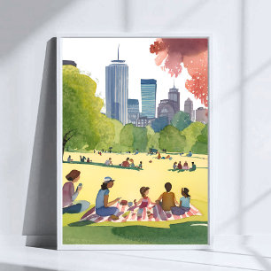 Poster Piquenique no Boston Common Pintura em Aquarela
