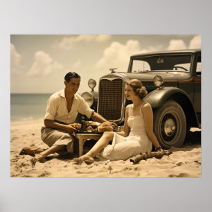 Poster Piquenique retrô na praia, feito em um cartaz, nos