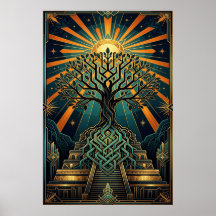 Pirâmide Árvore da Vida Celta Art Déco Dourado Tur