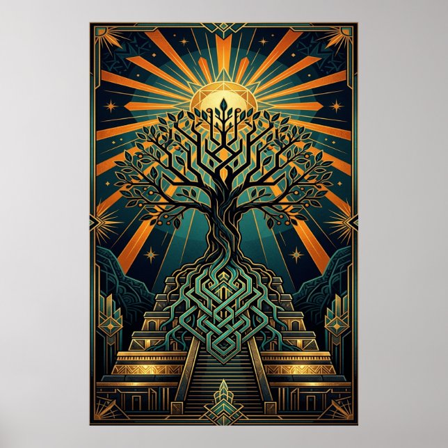 Poster Pirâmide Árvore da Vida Celta Art Déco Dourado Tur (Frente)