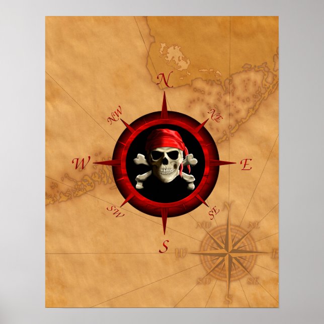 Pôster Pirata Compass Rosa E Mapa (Frente)