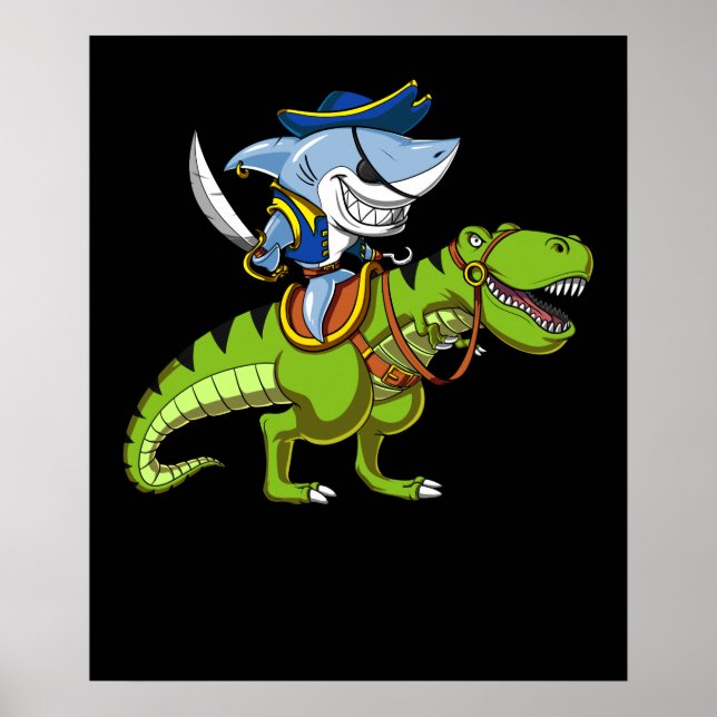 Poster Pirata De Tubarão Andando Uma Fantasia De Dinossau (Frente)