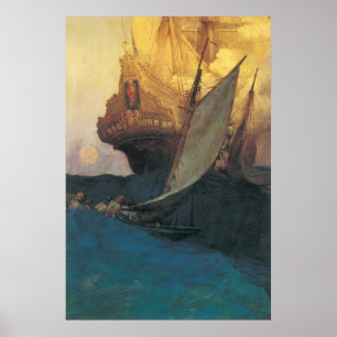 Poster Pirata do vintage, ataque em um Galleon por Howard