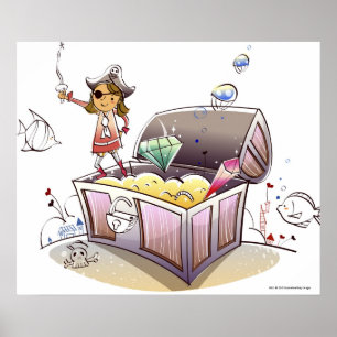Pôster Pirata fêmea que está em uma arca do tesouro