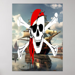 Poster Pirata Vintage Crossbones no Mar