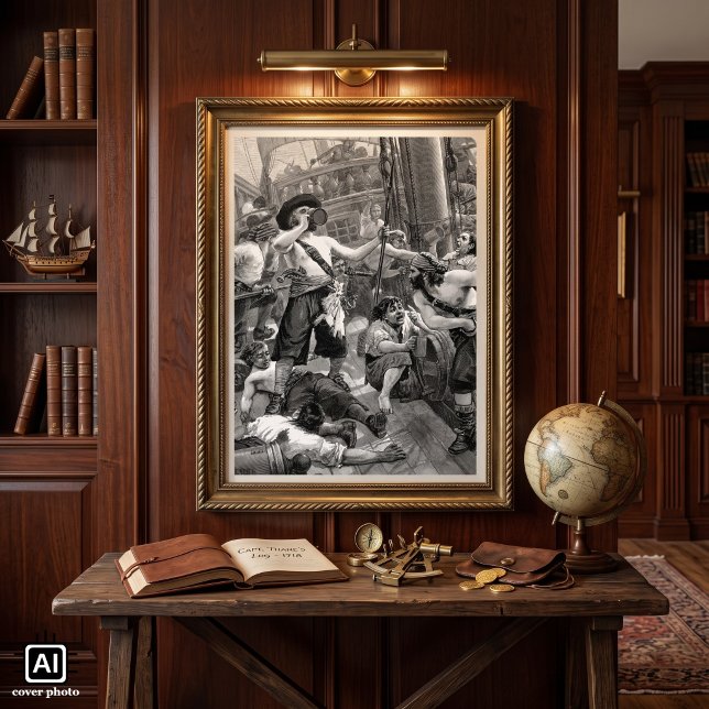 Pôster Piratas Antigos Bebendo e Lutando no Navio (Vintage illustration black and white design featuring buccaneers drinking on deck of a pirate ship. )