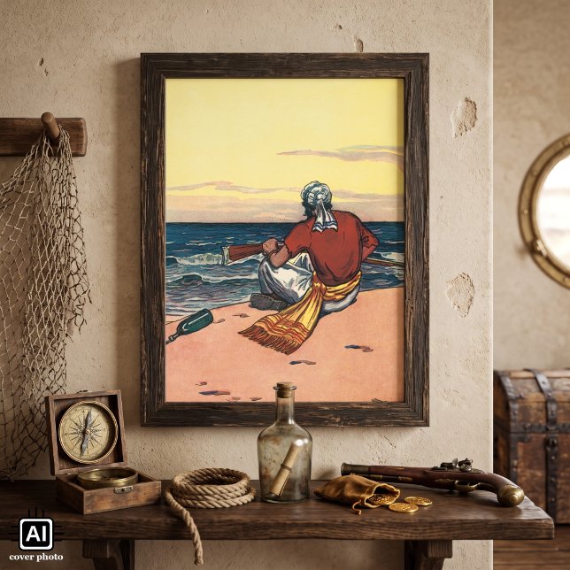 Poster Piratas Antigos, Encalhados em uma Ilha Deserta (Vintage illustration pirate design featuring a buccaneer marooned on a deserted island.)