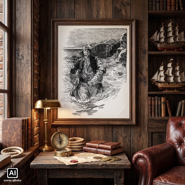 Pôster Piratas Antigos, Sir Henry Morgan no Oceano (Vintage illustration pirate image featuring Sir Henry Morgan, Buccaneer, 1903.)