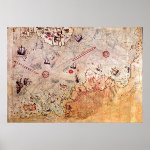 Poster piri reis antiga história do mapa mistério da anti