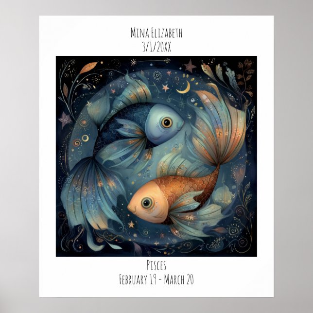 Poster Pisces Zodiac Astrology Name & Birthday (Frente)