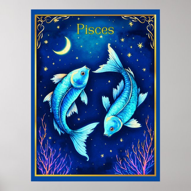 Poster Pisces Zodiac Fish Swimming in Cosmic Waters (Frente)
