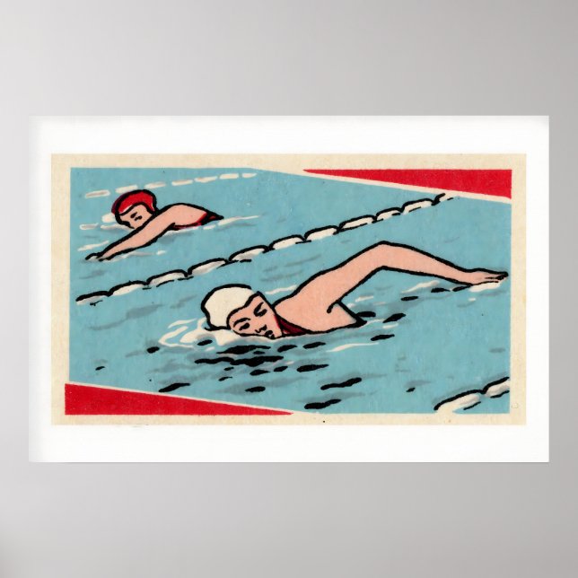 Poster Piscina de Nadadores Azul Vermelho Branco Caixa de (Frente)