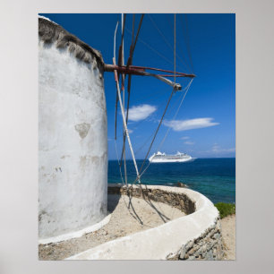 Pôster Piscina, ilhas de Cyclades, Mykonos, moinho de