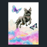 Poster Pit Bull Dog Fantasy Watercolor Pop Art<br><div class="desc">Esta é uma ilustração com uma aquarela esbranquiçada de um cão-grande-preto saltando das nuvens coloridas do arco-íris. Há borboletas bonito voando ao redor do cachorro. Pop para amantes de cães.</div>
