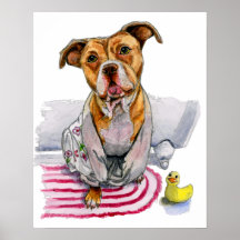 Pit Bull Dog in Bathrobe Watercolor Painting