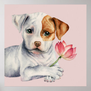 Pôster Pit Bull Puppy Holding Lotus Flower Painting