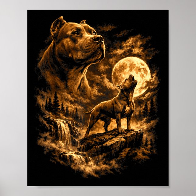 Poster Pit Bull Uivando Lua Pittie Cachorro Fantasia Flor (Frente)