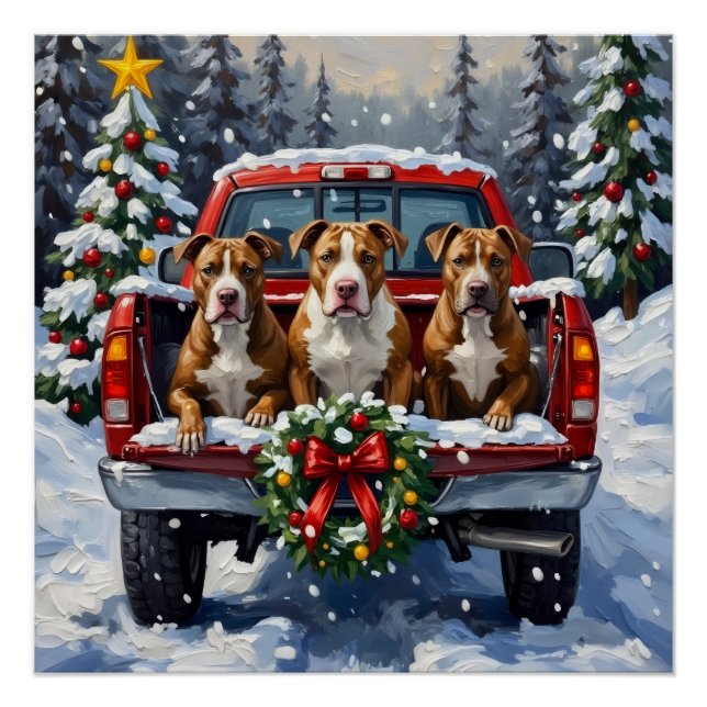 Pôster Pitbull Caminhão Vermelho de Natal Feriado (Frente)