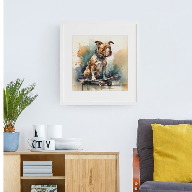 Poster pitbull colorido sentado no skate (Criador carregado)