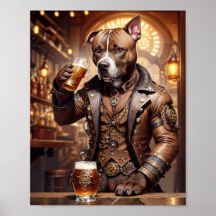 Poster Pitbull vestido de steampunk bebendo cerveja em um