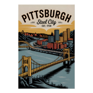 Pôster Pittsburgh Vintage Pensilvânia Steel City Retro 