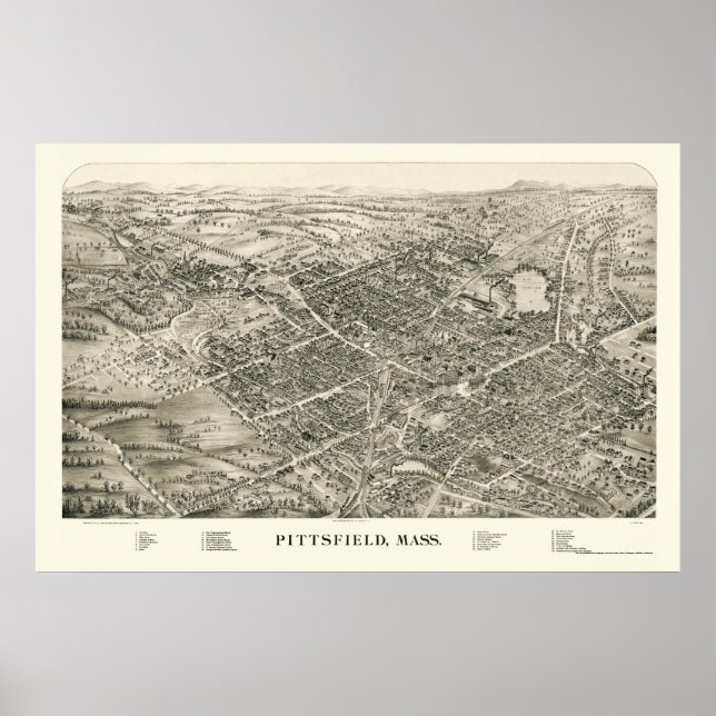 Pôster Pittsfield, Mapa Panorâmico do MÃE - 1899 (Frente)