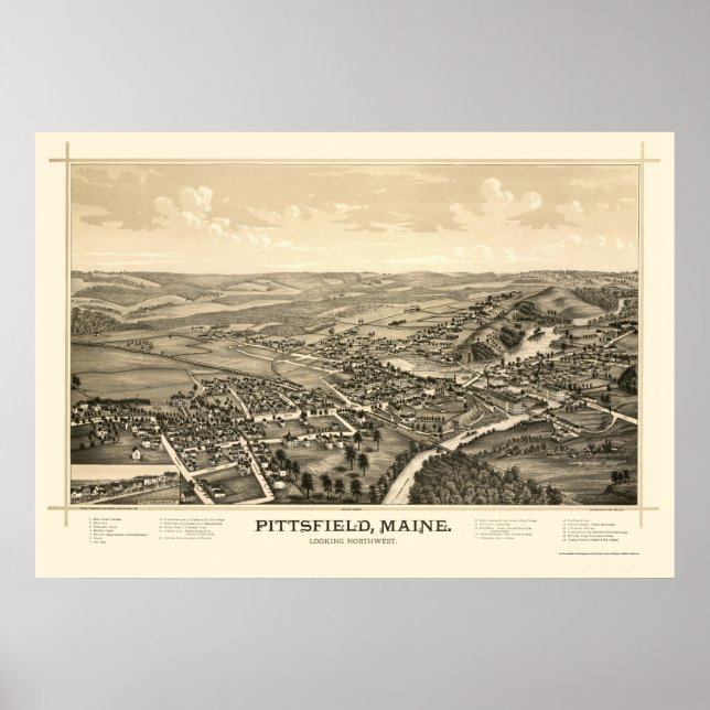 Pôster Pittsfield, Mapa Panorâmico ME - 1889 (Frente)