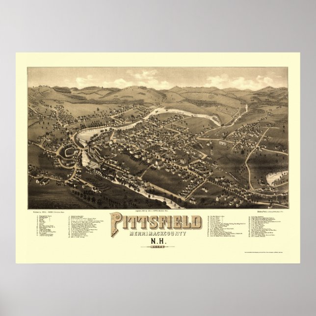 Pôster Pittsfield, Mapa Panorâmico NH - 1884 (Frente)