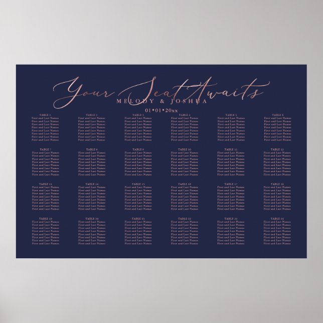 Poster PixDezines Navy+Rose Gold Script, Mapa de Assentos (Frente)