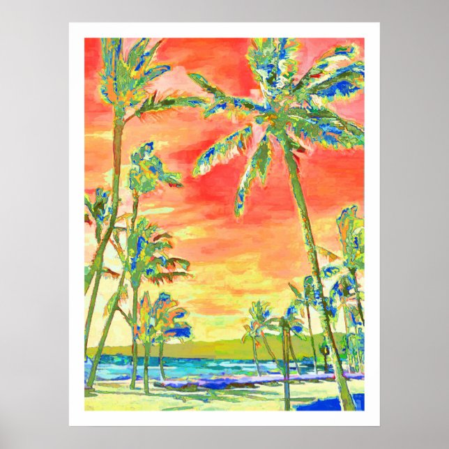 Pôster PixDezines Sunset Hawaiian Beach/Coral/Blue (Frente)